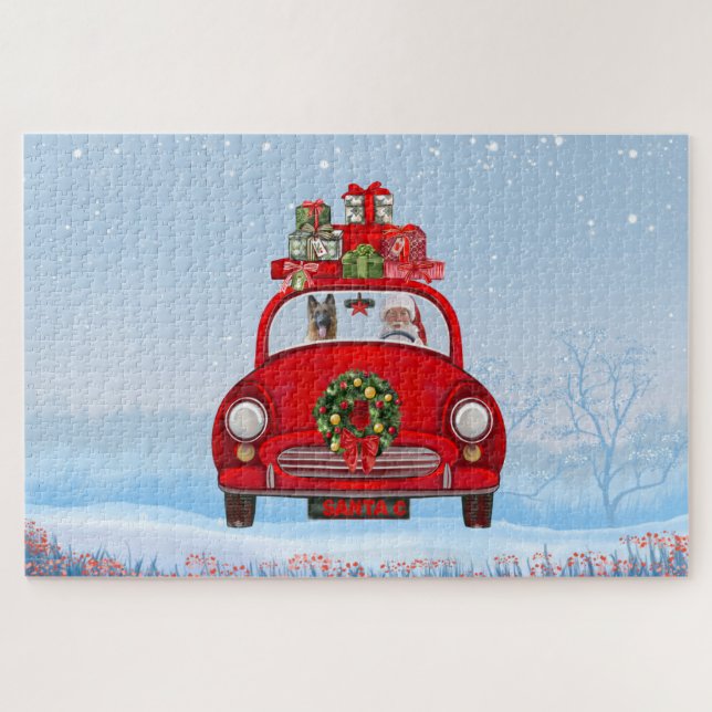 Puzzle Perro pastor alemán en coche con Papá Noel  (Horizontal)