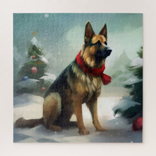 Puzzle Perro pastor alemán en Navidad con nieve
