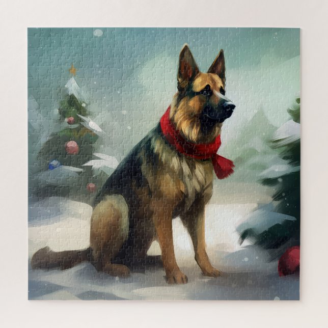 Puzzle Perro pastor alemán en Navidad con nieve (Vertical)