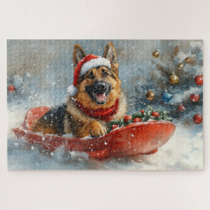Puzzle Perro pastor alemán en trineo nieve Navidad