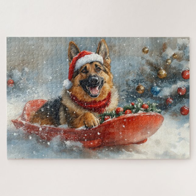 Puzzle Perro pastor alemán en trineo nieve Navidad (Horizontal)