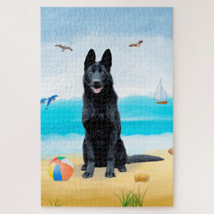 Puzzle Perro pastor alemán negro en la playa