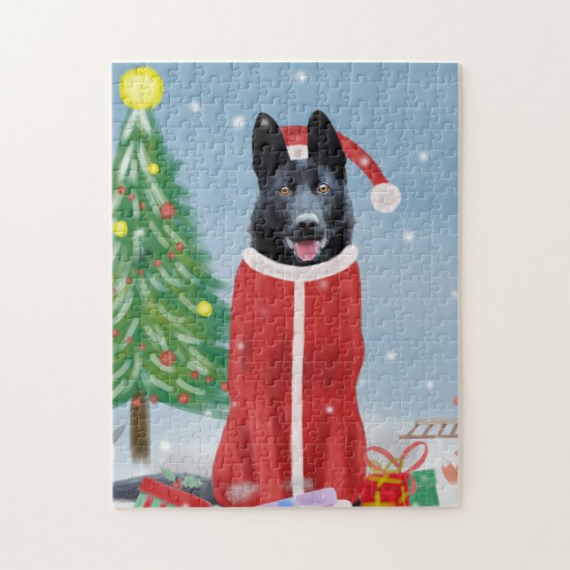 Puzzle Perro pastor alemán negro en regalos de Navidades  (Vertical)