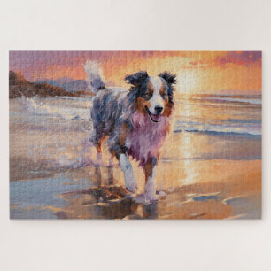 Puzzle Perro pastor australiano arenoso en puesta de sol