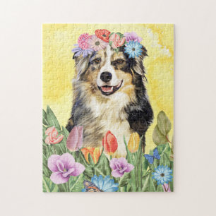 Puzzle Perro pastor australiano con primavera de flores