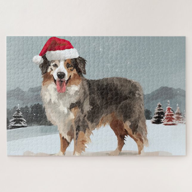 Puzzle Perro pastor australiano en Navidad con nieve  (Horizontal)
