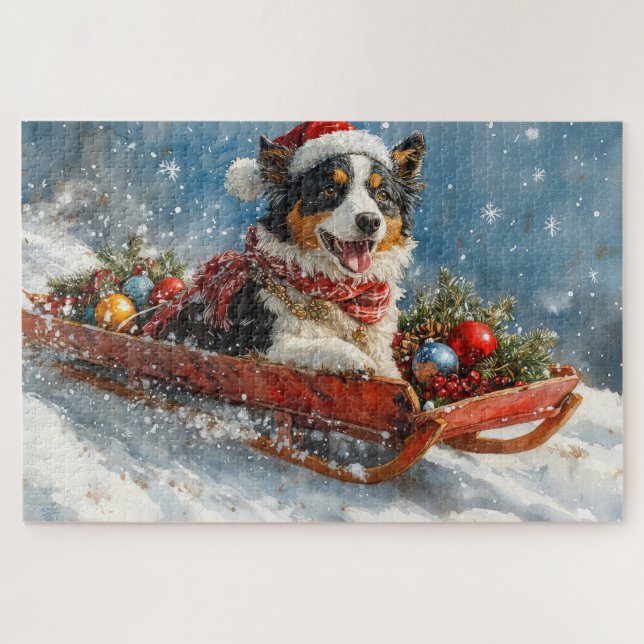 Puzzle Perro Pastor Australiano en Trineo Navidad (Horizontal)