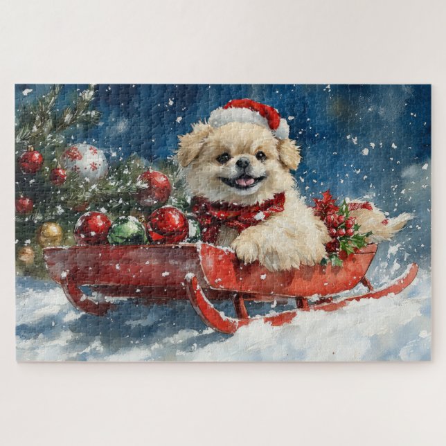 Puzzle Perro pekinés con mangas en el agua deja que nieve (Horizontal)