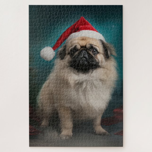 Puzzle Perro pekinés en Navidades de nieve (Vertical)