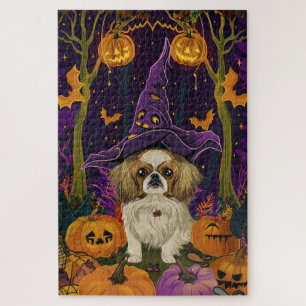 Puzzle Perro pekinés espeluznante, bruja de Halloween y c