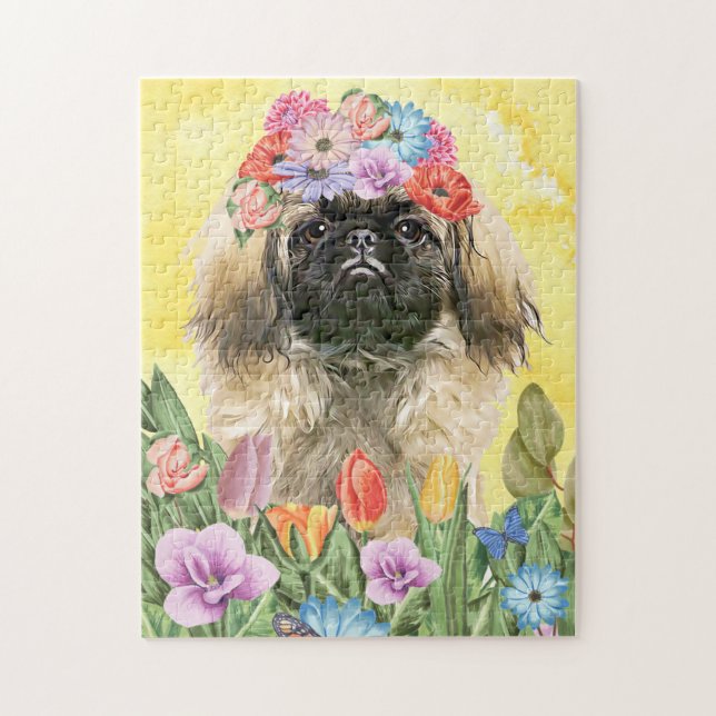 Puzzle Perro pekingés con primavera de flores (Vertical)