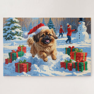 Puzzle Perro Pequinés Corriendo en Nieve con Sombrero de