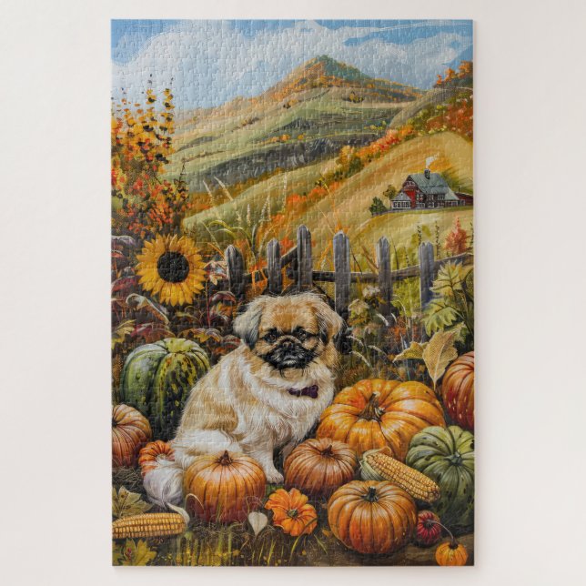 Puzzle Perro Pequinés Cosecha de Otoño Día de Acción de G (Vertical)