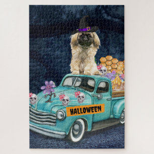 Puzzle Perro Pequinés Halloween Camión Noche Espeluznante