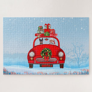 Puzzle Perro Pinscher en miniatura en auto con Santa Clau