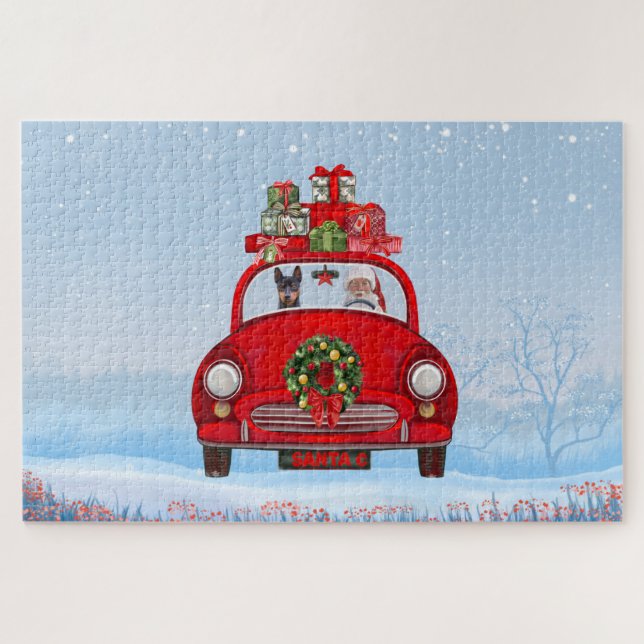 Puzzle Perro Pinscher en miniatura en auto con Santa Clau (Horizontal)