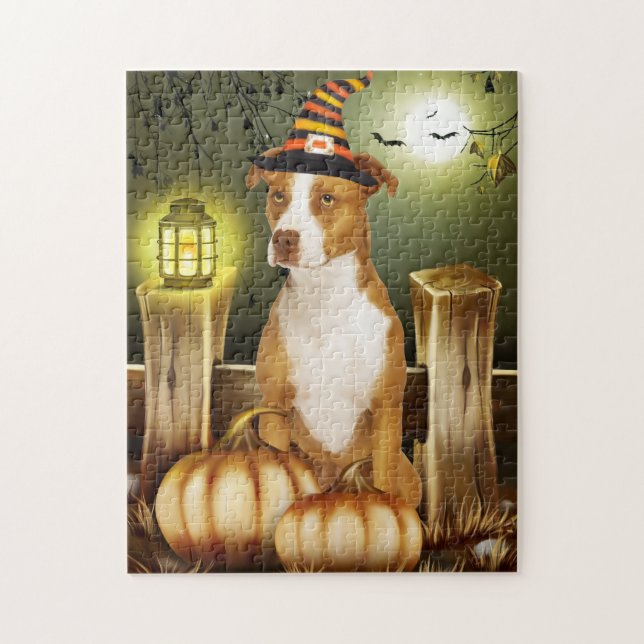 Puzzle Perro Pitbull con Gorra de brujas (Vertical)