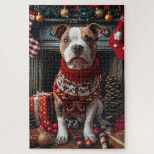 Puzzle Perro Pitbull Con Regalos De Navidad Chimenea