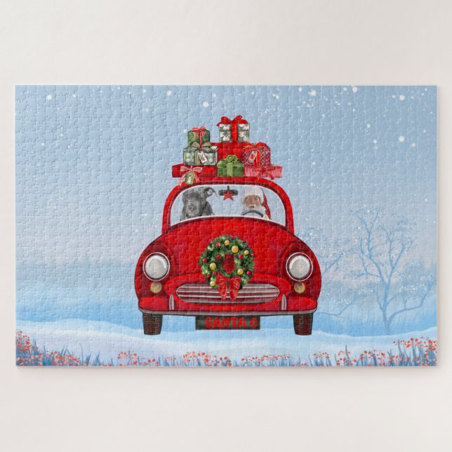 Puzzle Perro Pitbull En Coche Con Santa Claus (Horizontal)