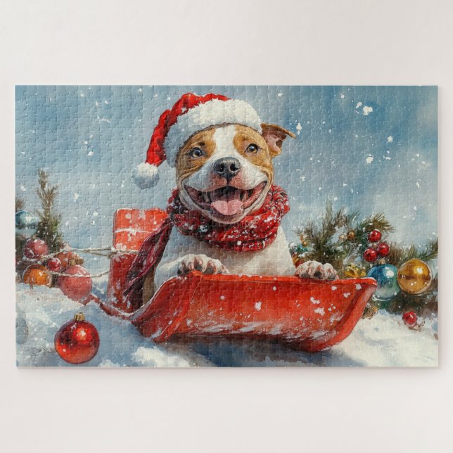 Puzzle Perro Pitbull en la mancha, Navidades de la nieve (Horizontal)