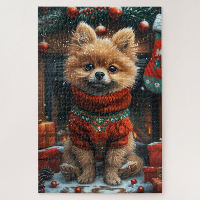 Puzzle Perro Pomerania Con Regalos De Navidad Chimenea (Vertical)