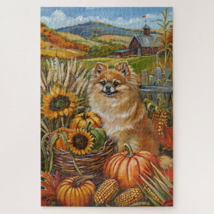 Puzzle Perro Pomerania Cosecha de Otoño Día de Acción de 