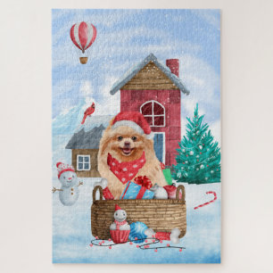Puzzle Perro Pomerania en casa de Navidad con nieve