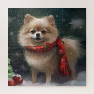 Puzzle Perro Pomerania en Navidad con Nieve