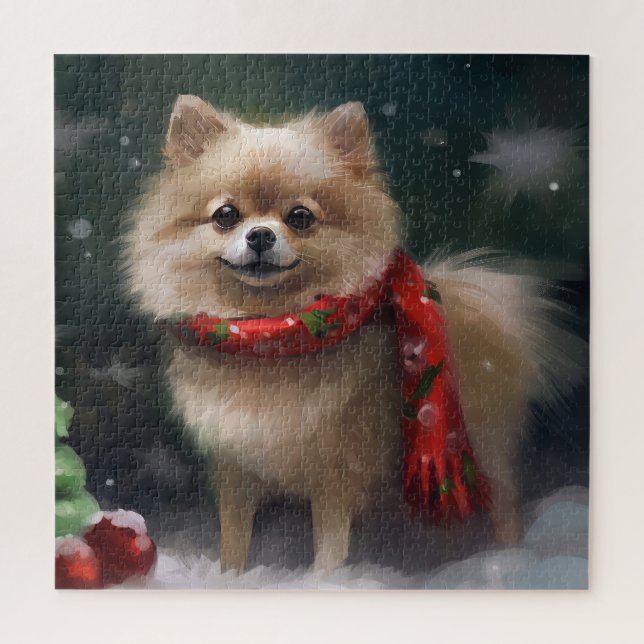 Puzzle Perro Pomerania en Navidad con Nieve (Vertical)