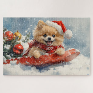 Puzzle Perro Pomerania en Trineo Deja que Nieve Navidad