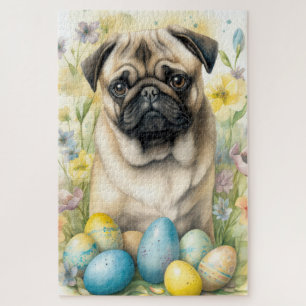 Puzzle Perro Pug con festividad de huevos de Pascua
