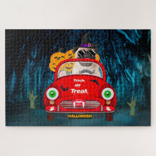 Puzzle Perro Pug conduciendo auto asusta Halloween