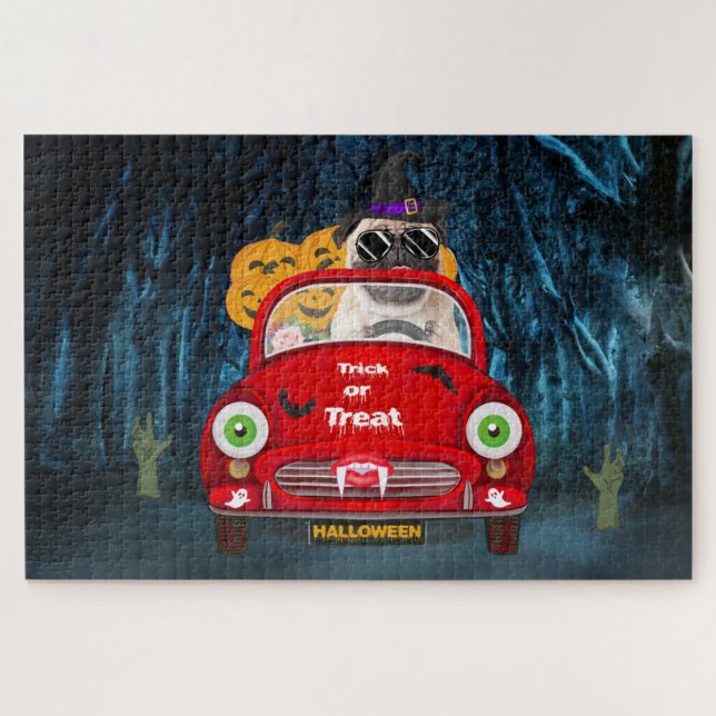 Puzzle Perro Pug conduciendo auto asusta Halloween (Horizontal)
