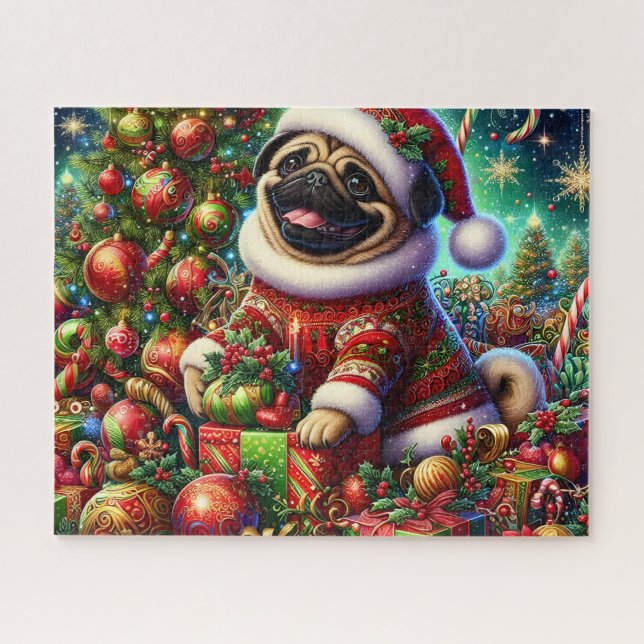 Puzzle Perro pug de Santa navideño adorable (Horizontal)
