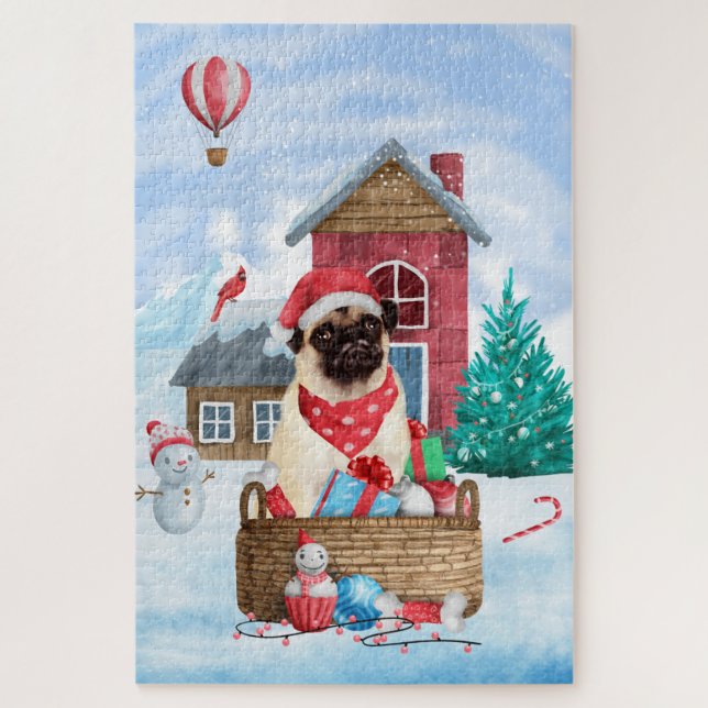 Puzzle Perro Pug en casa de Navidad con nieve (Vertical)