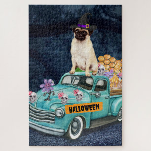 Puzzle Perro Pug Halloween Camión Noche Espeluznante