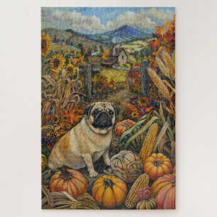 Puzzle Perro Pug Otoño Cosecha Día de Acción de Gracias