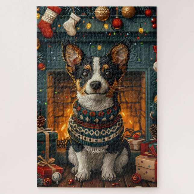 Puzzle Perro Rat Terrier con regalos de Navidad junto a l (Vertical)