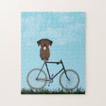 Puzzle Perro recuperador de Labrador sentado en bicicleta<br><div class="desc">Rompecabezas con un adorable Labrador de Chocolate sentado en una bicicleta anticuada en un día azul de verano.</div>