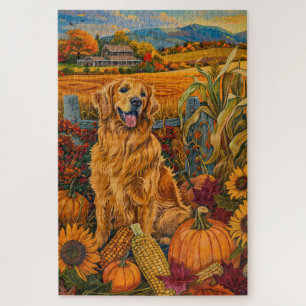 Puzzle Perro Retriever Dorado Cosecha de Otoño Día de Acc