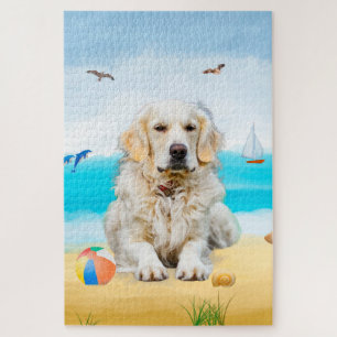 Puzzle Perro Retriever Dorado en la Playa
