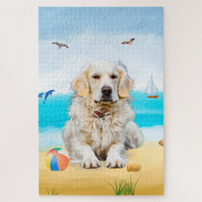 Puzzle Perro Retriever Dorado en la Playa (Vertical)