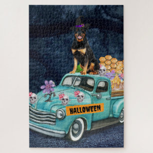 Puzzle Perro Rottweiler Camión de Halloween Noche Espeluz