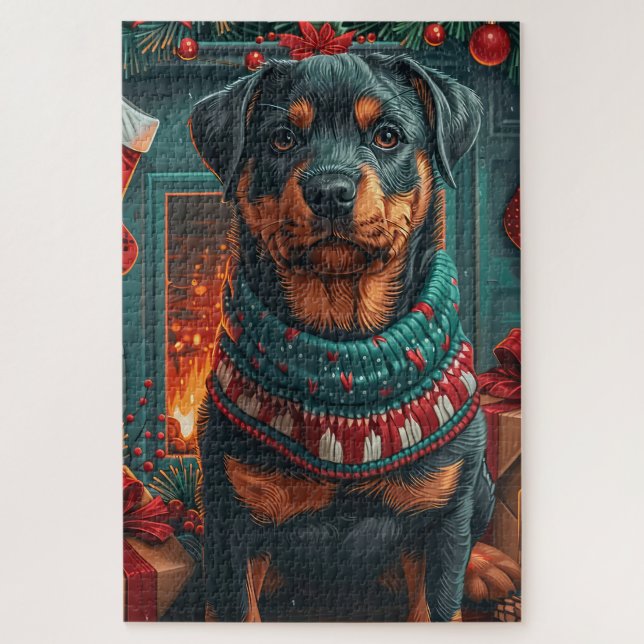 Puzzle Perro Rottweiler con chimenea de regalos de Navida (Vertical)