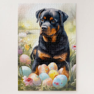 Puzzle Perro Rottweiler con festividad de huevos de Pascu