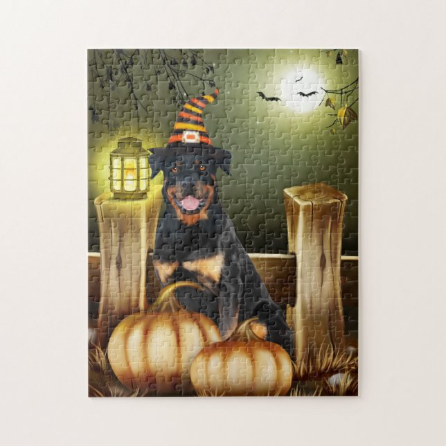 Puzzle Perro Rottweiler con Gorra Bruja Halloween (Vertical)