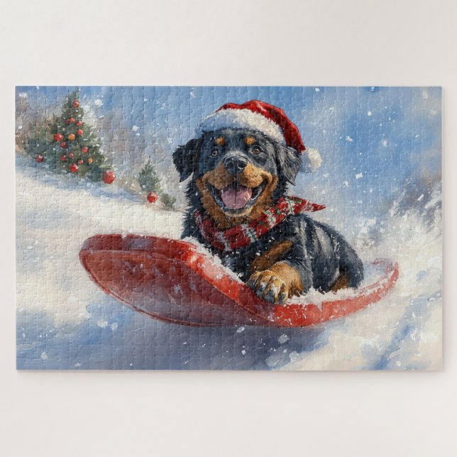Puzzle Perro Rottweiler con mangas y Navidades que nieva (Horizontal)