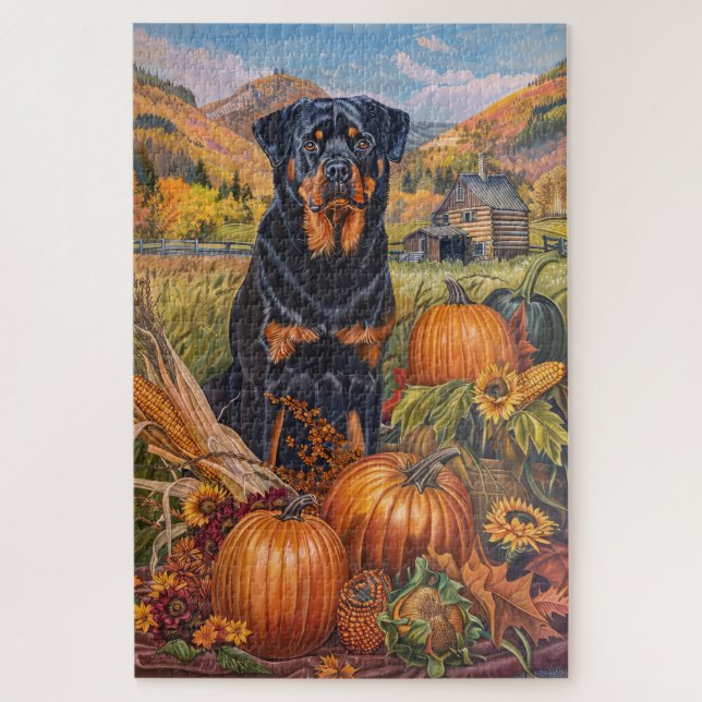 Puzzle Perro Rottweiler Cosecha de Otoño Día de Acción de (Vertical)
