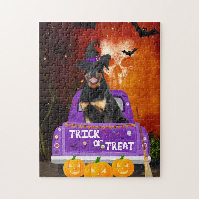 Puzzle Perro Rottweiler en Camión Halloween (Vertical)