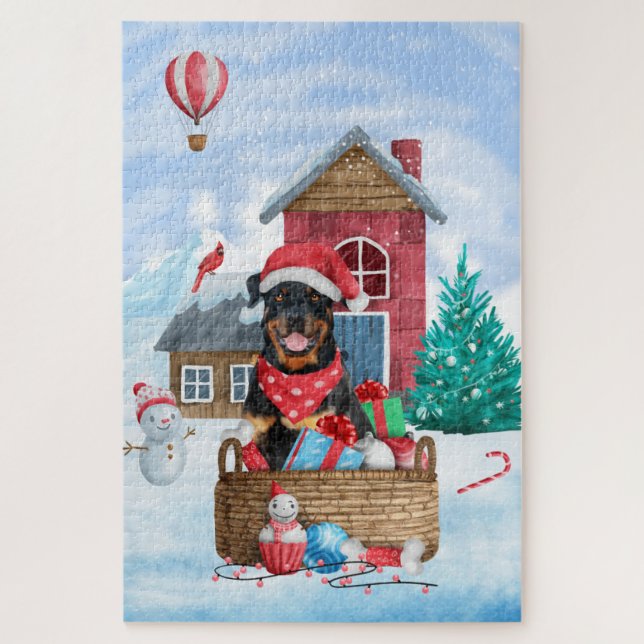 Puzzle Perro Rottweiler en casa de Navidad con nieve (Vertical)